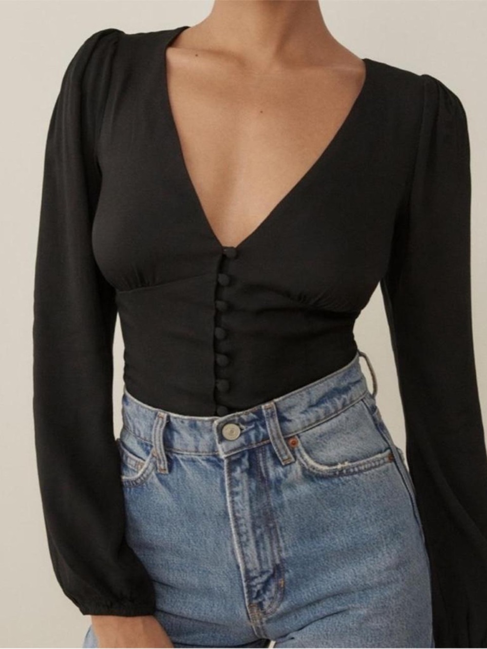 Reformation Black V-Neck Button-Front Long Sleeve Top